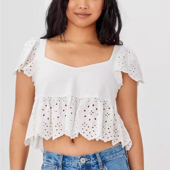 New! AE White Eyelet Embroidered Babydoll Ruffle Sleeve Crop top Size M and XXL - Picture 1 of 5